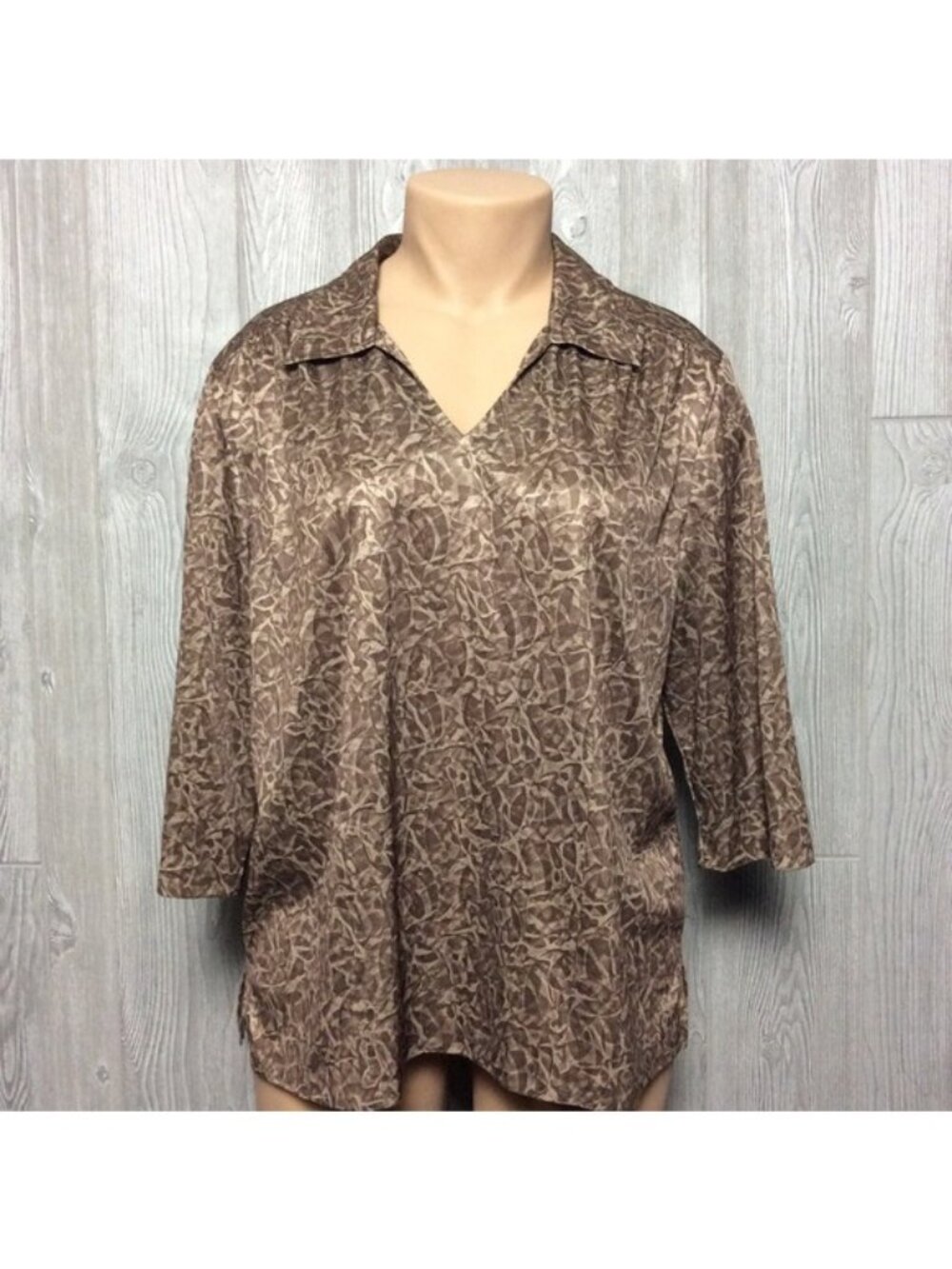Haband Womens Brown Abstract Print Collared 3/4 Sleeve Top Blouse PLUS SIZE 1X